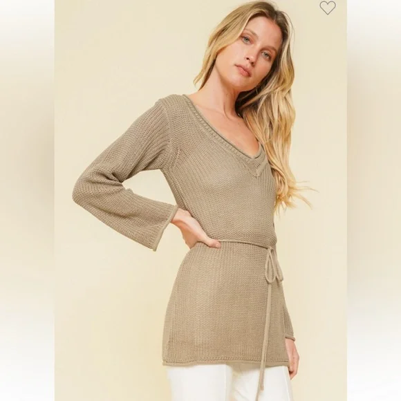 Hem & Thread Tunic Sweater Crochet Tie Waist Olive Green. NWT still in plastic. - Picture 1 of 6